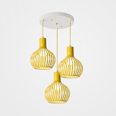 3 Bulbs Ceiling Lighting with Wire Dome Shade Metal Industrial Dining Room Hanging Light in Grey/Pink Yellow Round Clearhalo 'Ceiling Lights' 'Modern Pendants' 'Modern' 'Pendant Lights' 'Pendants' Lighting' 70297