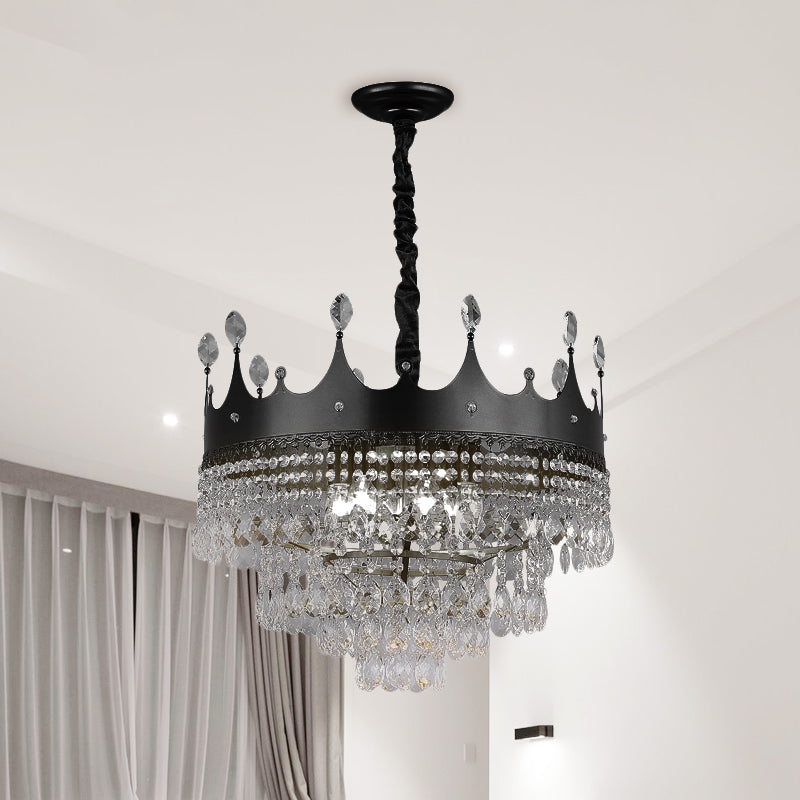 Metal Crown Chandelier Lighting Kids 4/5/6 Lights Black Hanging Lamp with Crystal Drop Decor over Dining Table Black Clearhalo 'Ceiling Lights' 'Chandeliers' Lighting' options 702987_2703df0b-7428-4106-af41-bba6b321c8e4
