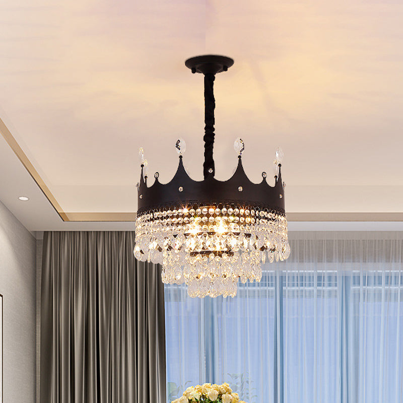 Metal Crown Chandelier Lighting Kids 4/5/6 Lights Black Hanging Lamp with Crystal Drop Decor over Dining Table Clearhalo 'Ceiling Lights' 'Chandeliers' Lighting' options 702988