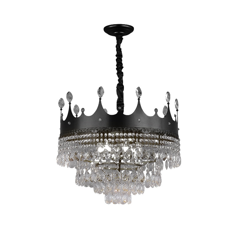 Metal Crown Chandelier Lighting Kids 4/5/6 Lights Black Hanging Lamp with Crystal Drop Decor over Dining Table Clearhalo 'Ceiling Lights' 'Chandeliers' Lighting' options 702989