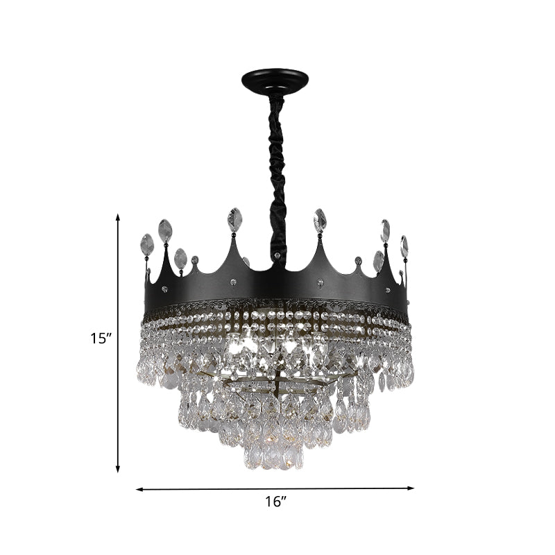 Metal Crown Chandelier Lighting Kids 4/5/6 Lights Black Hanging Lamp with Crystal Drop Decor over Dining Table Clearhalo 'Ceiling Lights' 'Chandeliers' Lighting' options 702992