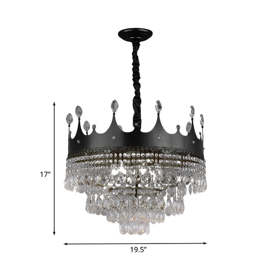 Metal Crown Chandelier Lighting Kids 4/5/6 Lights Black Hanging Lamp with Crystal Drop Decor over Dining Table Clearhalo 'Ceiling Lights' 'Chandeliers' Lighting' options 702993
