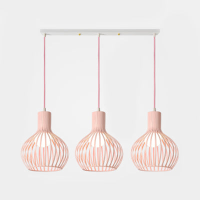 3 Bulbs Ceiling Lighting with Wire Dome Shade Metal Industrial Dining Room Hanging Light in Grey/Pink Pink Linear Clearhalo 'Ceiling Lights' 'Modern Pendants' 'Modern' 'Pendant Lights' 'Pendants' Lighting' 70300