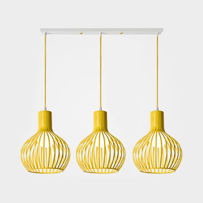 3 Bulbs Ceiling Lighting with Wire Dome Shade Metal Industrial Dining Room Hanging Light in Grey/Pink Yellow Linear Clearhalo 'Ceiling Lights' 'Modern Pendants' 'Modern' 'Pendant Lights' 'Pendants' Lighting' 70302