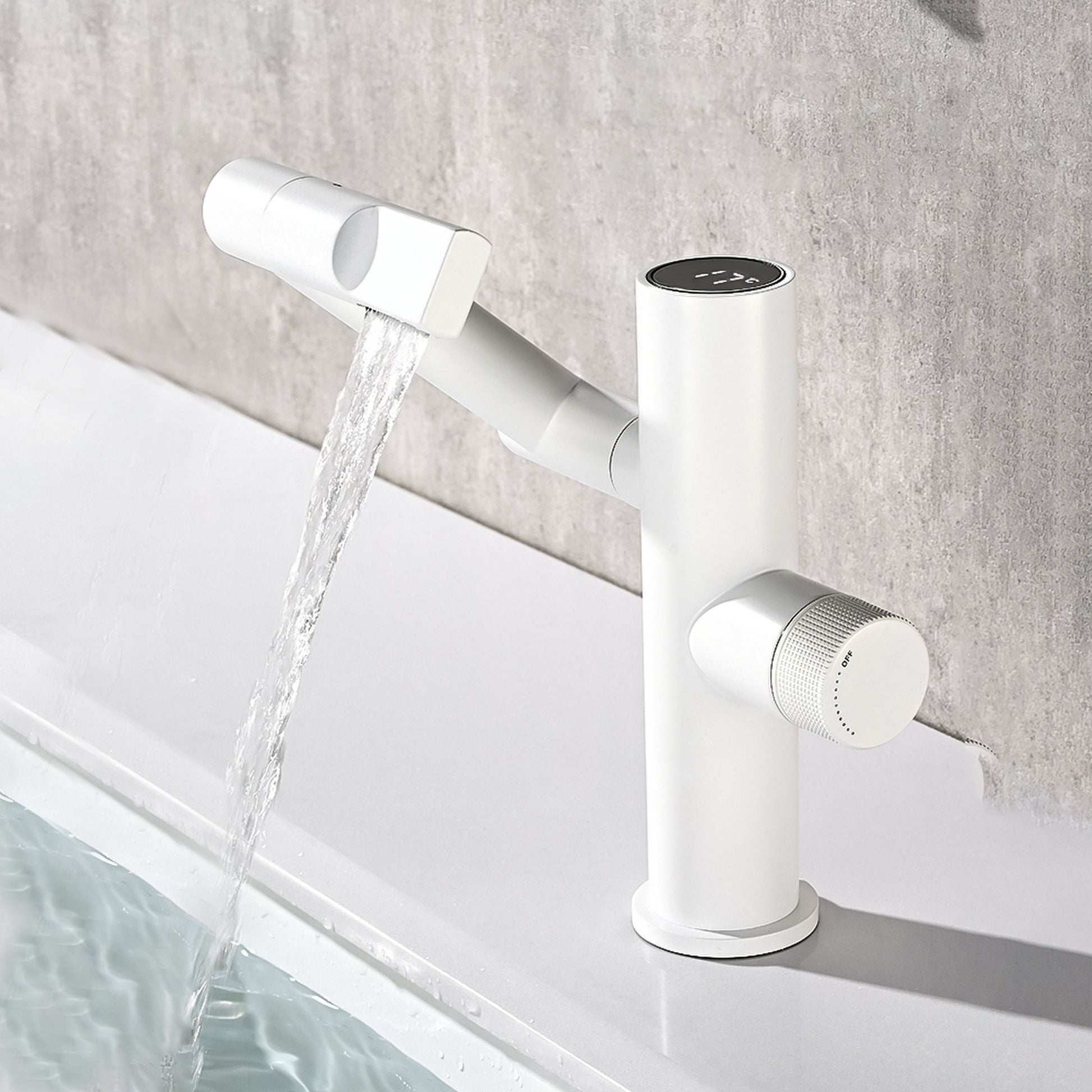 Waterfall Spout Basin Lavatory Faucet Modern Metal Lavatory Faucet Branco Clearhalo 'bathroom_sink_faucets' 'Conjuntos de Torneiras de Lavatório e Banheiro' 'home_improvement' 'home_improvement_bathroom_sink_faucets' 'Mobiliário Doméstico' 'Página inicial' 'Renovação e equipamento de casa de banho' 'Torneira para lavatório de banheiro' 7031374