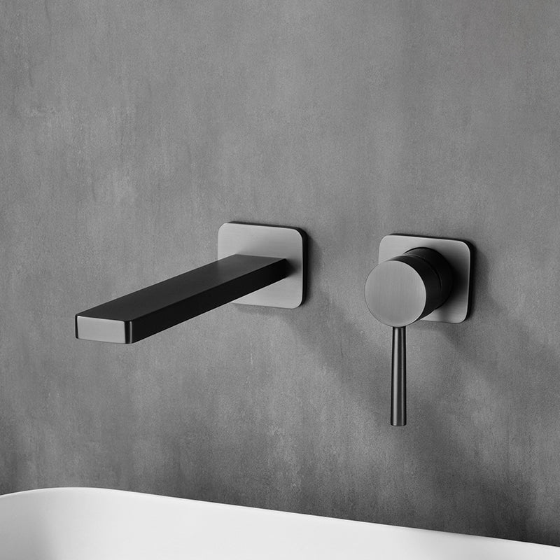 Metal Widespread Lavatory Faucet Modern Wall Mounted Bathroom Faucet Gris Clearhalo 'bathroom_sink_faucets' 'Conjunta de Baño y Conjunta de Grifo' 'Coronamiento de Baño y Dispositivo de Baño' 'Grifo del lavabo del baño' 'Hogar' 'home_improvement' 'home_improvement_bathroom_sink_faucets' 'Mejoras para el hogar' 7031457