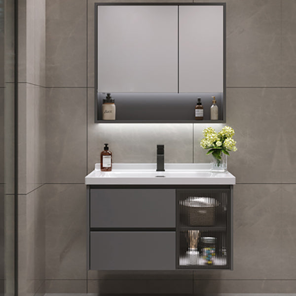 Grey Bath Vanity Wood Frame Mirror Single Sink Wall-Mounted Bath Vanity with 2 Drawers Vanity & Faucet & Mirror Cabinet Clearhalo 'Bathroom Remodel & Bathroom Fixtures' 'Bathroom Vanities' 'bathroom_vanities' 'Home Improvement' 'home_improvement' 'home_improvement_bathroom_vanities' 7032111