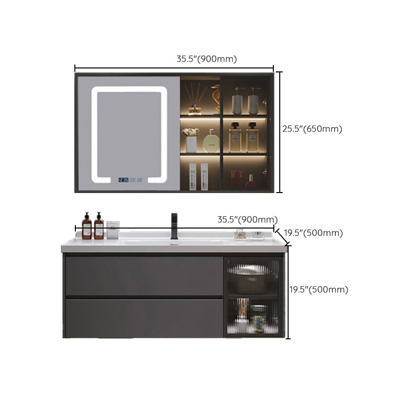 Grey Bath Vanity Wood Frame Mirror Single Sink Wall-Mounted Bath Vanity with 2 Drawers Clearhalo 'Bathroom Remodel & Bathroom Fixtures' 'Bathroom Vanities' 'bathroom_vanities' 'Home Improvement' 'home_improvement' 'home_improvement_bathroom_vanities' 7032142