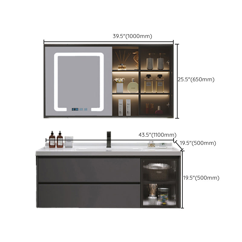 Grey Bath Vanity Wood Frame Mirror Single Sink Wall-Mounted Bath Vanity with 2 Drawers Clearhalo 'Bathroom Remodel & Bathroom Fixtures' 'Bathroom Vanities' 'bathroom_vanities' 'Home Improvement' 'home_improvement' 'home_improvement_bathroom_vanities' 7032144