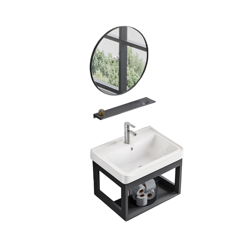 Bathroom Vanity Set Wall Mounted Storage Shelf Ceramic Sink Mirror Vanity Sink with Faucet Vanity & Faucet & Mirrors Round Mirror Clearhalo 'Bathroom Remodel & Bathroom Fixtures' 'Bathroom Vanities' 'bathroom_vanities' 'Home Improvement' 'home_improvement' 'home_improvement_bathroom_vanities' 7032190