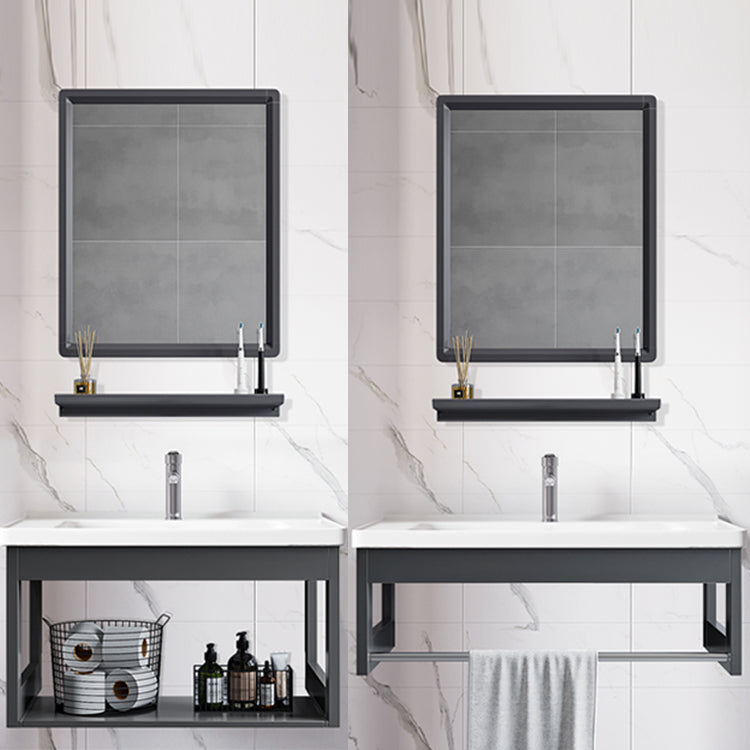 Bathroom Vanity Set Wall Mounted Storage Shelf Ceramic Sink Mirror Vanity Sink with Faucet Clearhalo 'Bathroom Remodel & Bathroom Fixtures' 'Bathroom Vanities' 'bathroom_vanities' 'Home Improvement' 'home_improvement' 'home_improvement_bathroom_vanities' 7032191