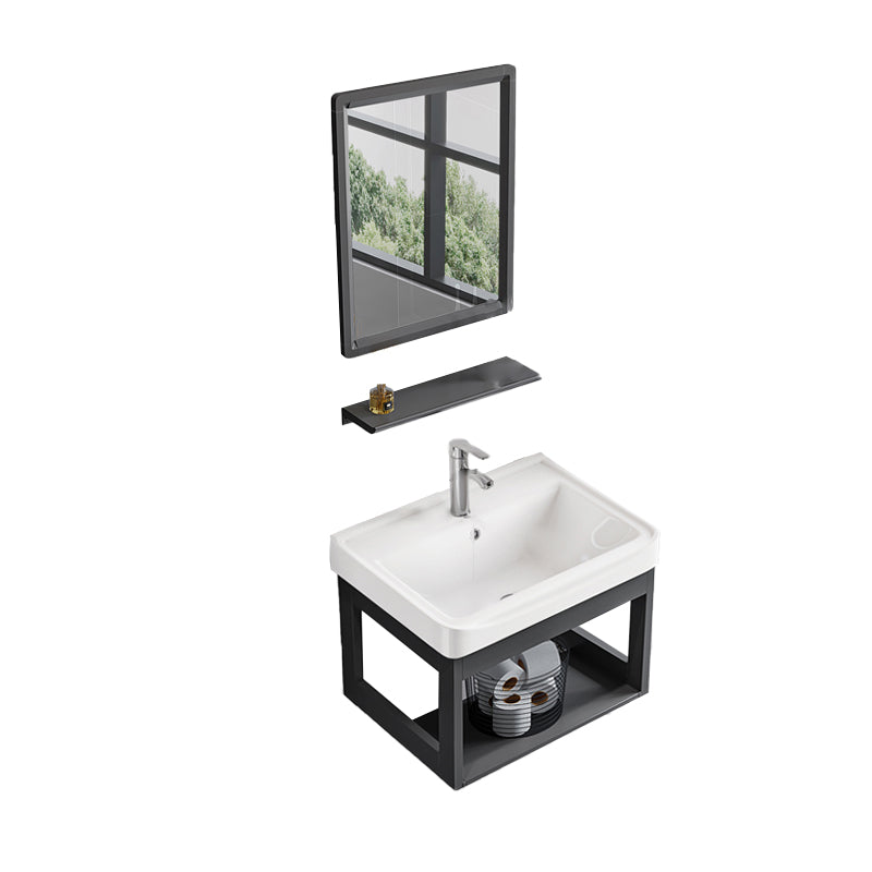 Bathroom Vanity Set Wall Mounted Storage Shelf Ceramic Sink Mirror Vanity Sink with Faucet Vanity & Faucet & Mirrors Square Mirror Clearhalo 'Bathroom Remodel & Bathroom Fixtures' 'Bathroom Vanities' 'bathroom_vanities' 'Home Improvement' 'home_improvement' 'home_improvement_bathroom_vanities' 7032196