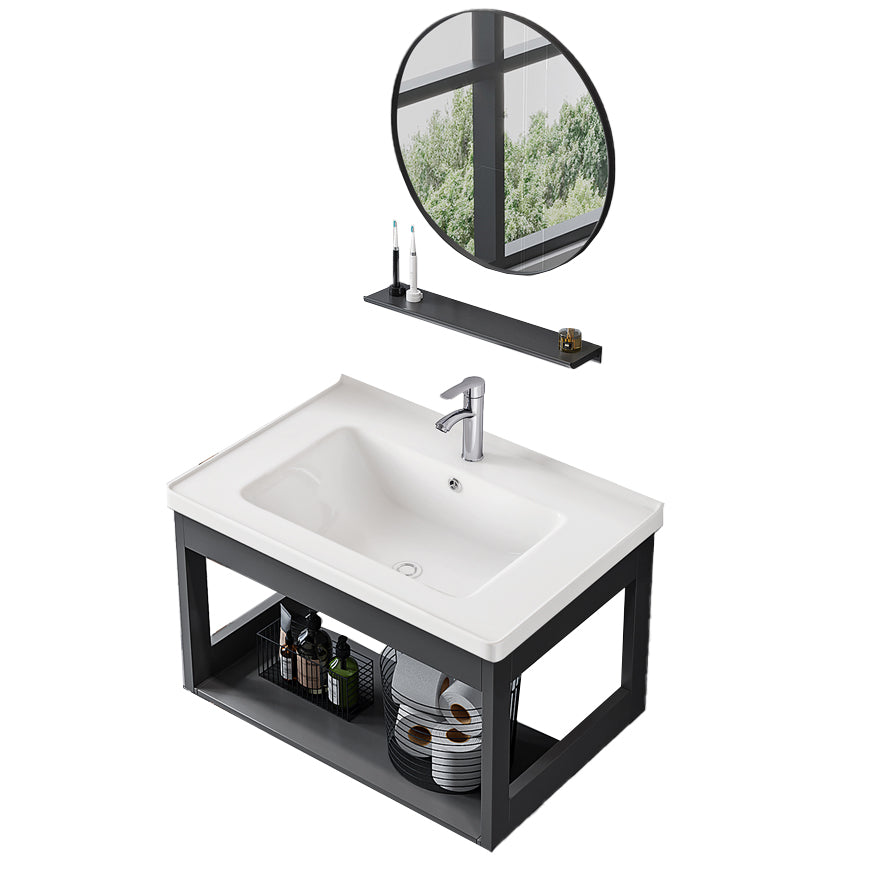 Bathroom Vanity Set Wall Mounted Storage Shelf Ceramic Sink Mirror Vanity Sink with Faucet Clearhalo 'Bathroom Remodel & Bathroom Fixtures' 'Bathroom Vanities' 'bathroom_vanities' 'Home Improvement' 'home_improvement' 'home_improvement_bathroom_vanities' 7032197