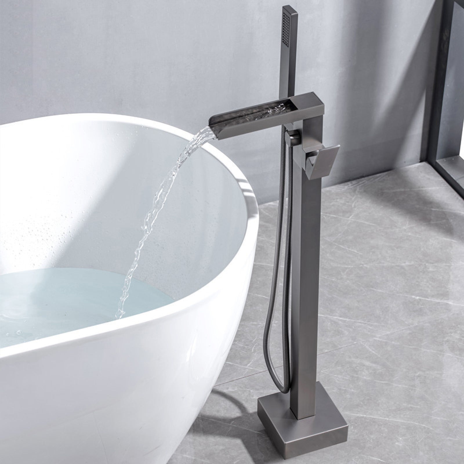 Floor Mounted Metal Freestanding Tub Filler One Handle Waterfall Freestanding Faucet Clearhalo 'Bathroom Remodel & Bathroom Fixtures' 'Bathtub Faucets' 'bathtub_faucets' 'Home Improvement' 'home_improvement' 'home_improvement_bathtub_faucets' 7032253