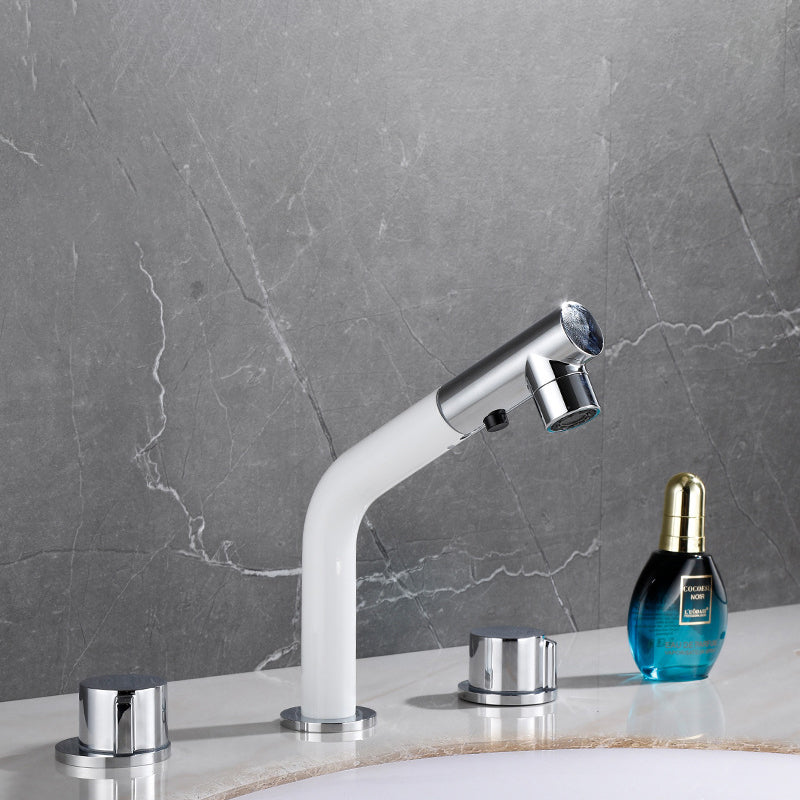 Pull-out Widespread Sink Faucet 2-Handle Vessel Sink Faucet with Angle Valve and Drain Blanco-Plata 21,59cm Clearhalo 'bathroom_sink_faucets' 'Conjunta de Baño y Conjunta de Grifo' 'Coronamiento de Baño y Dispositivo de Baño' 'Grifo del lavabo del baño' 'Hogar' 'home_improvement' 'home_improvement_bathroom_sink_faucets' 'Mejoras para el hogar' 7037598