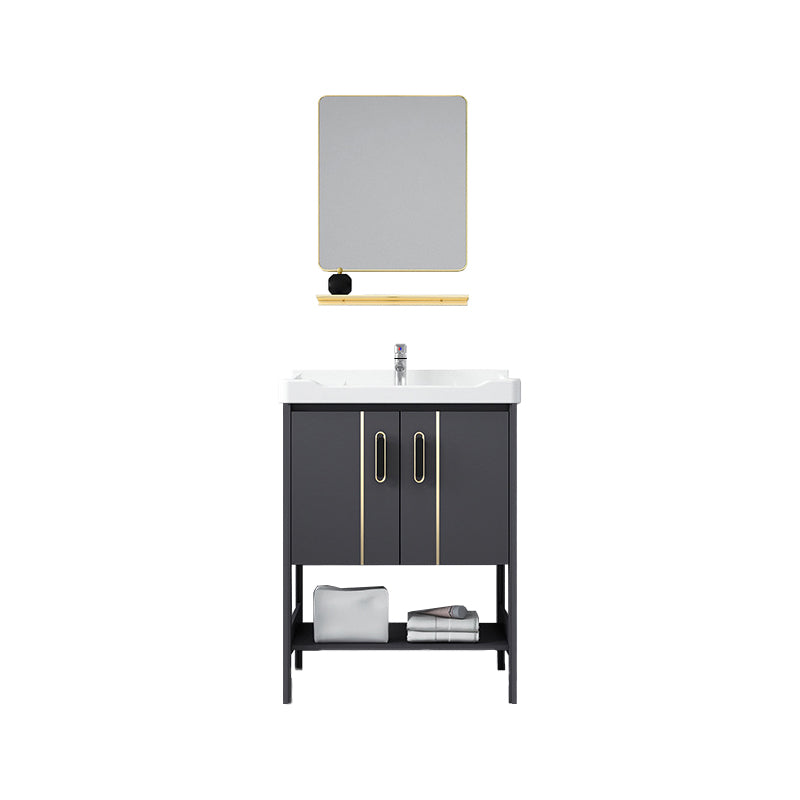 Single Sink Vanity Shelving Included Metal Frame 2 Doors Freestanding Modern Vanity Vanity & Faucet & Mirrors White Clearhalo 'Bathroom Remodel & Bathroom Fixtures' 'Bathroom Vanities' 'bathroom_vanities' 'Home Improvement' 'home_improvement' 'home_improvement_bathroom_vanities' 7038122