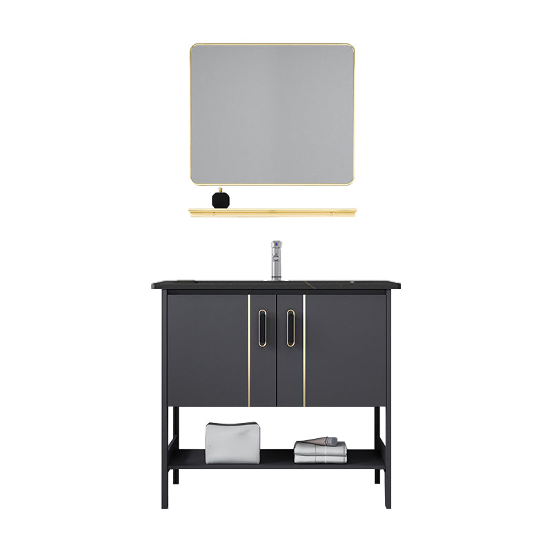 Single Sink Vanity Shelving Included Metal Frame 2 Doors Freestanding Modern Vanity Vanity & Faucet & Mirrors Black Clearhalo 'Bathroom Remodel & Bathroom Fixtures' 'Bathroom Vanities' 'bathroom_vanities' 'Home Improvement' 'home_improvement' 'home_improvement_bathroom_vanities' 7038127