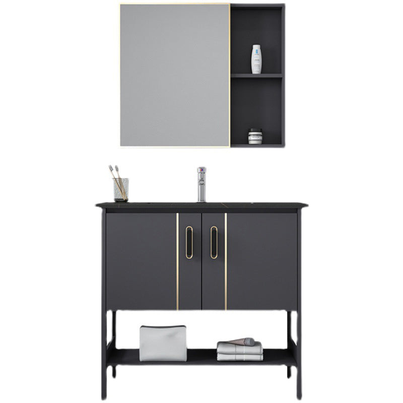 Single Sink Vanity Shelving Included Metal Frame 2 Doors Freestanding Modern Vanity Clearhalo 'Bathroom Remodel & Bathroom Fixtures' 'Bathroom Vanities' 'bathroom_vanities' 'Home Improvement' 'home_improvement' 'home_improvement_bathroom_vanities' 7038128