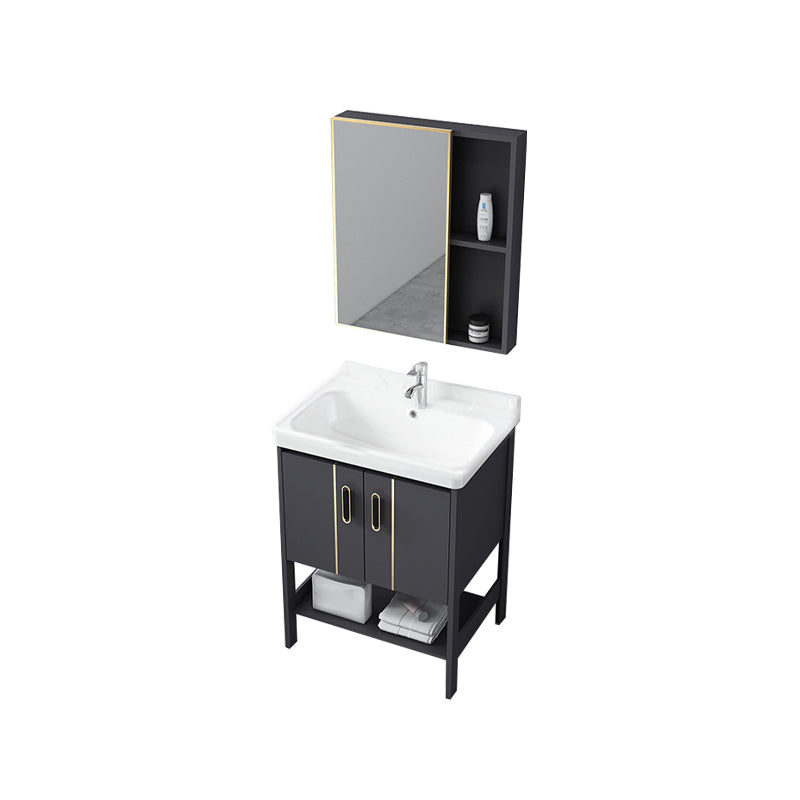 Single Sink Vanity Shelving Included Metal Frame 2 Doors Freestanding Modern Vanity Vanity & Faucet & Mirror Cabinet 24"L x 15.7"W x 31.9"H White Clearhalo 'Bathroom Remodel & Bathroom Fixtures' 'Bathroom Vanities' 'bathroom_vanities' 'Home Improvement' 'home_improvement' 'home_improvement_bathroom_vanities' 7038131