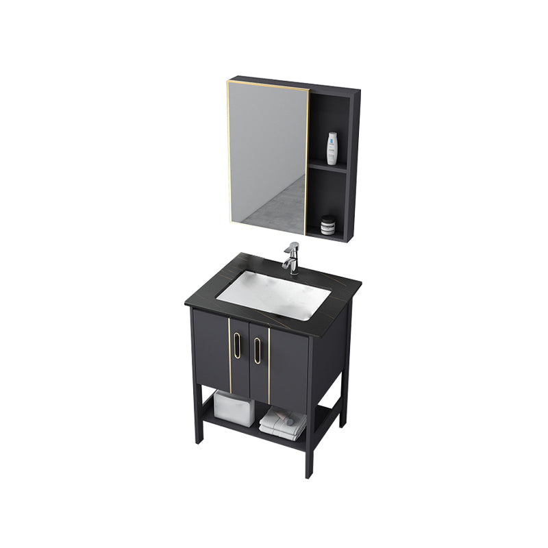 Single Sink Vanity Shelving Included Metal Frame 2 Doors Freestanding Modern Vanity Vanity & Faucet & Mirror Cabinet 24"L x 16"W x 30"H Black Clearhalo 'Bathroom Remodel & Bathroom Fixtures' 'Bathroom Vanities' 'bathroom_vanities' 'Home Improvement' 'home_improvement' 'home_improvement_bathroom_vanities' 7038132