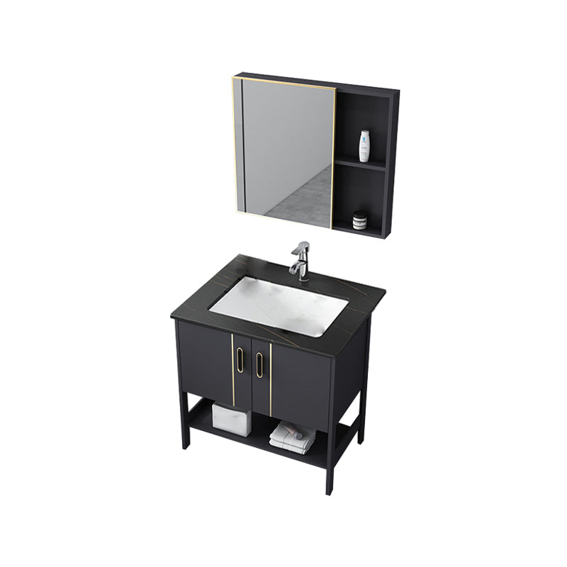 Single Sink Vanity Shelving Included Metal Frame 2 Doors Freestanding Modern Vanity Vanity & Faucet & Mirror Cabinet 28"L x 19"W x 30"H Black Clearhalo 'Bathroom Remodel & Bathroom Fixtures' 'Bathroom Vanities' 'bathroom_vanities' 'Home Improvement' 'home_improvement' 'home_improvement_bathroom_vanities' 7038133