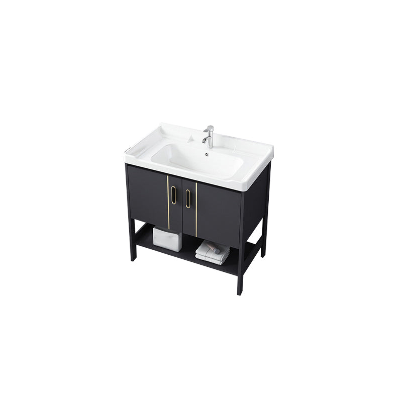 Single Sink Vanity Shelving Included Metal Frame 2 Doors Freestanding Modern Vanity Vanity & Faucet White Clearhalo 'Bathroom Remodel & Bathroom Fixtures' 'Bathroom Vanities' 'bathroom_vanities' 'Home Improvement' 'home_improvement' 'home_improvement_bathroom_vanities' 7038137