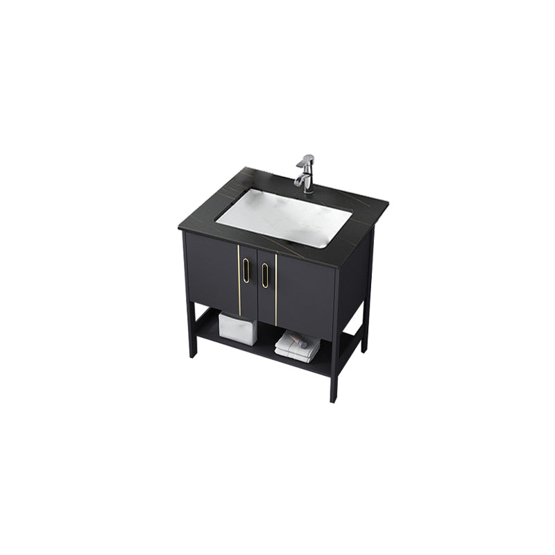 Single Sink Vanity Shelving Included Metal Frame 2 Doors Freestanding Modern Vanity Vanity & Faucet Black Clearhalo 'Bathroom Remodel & Bathroom Fixtures' 'Bathroom Vanities' 'bathroom_vanities' 'Home Improvement' 'home_improvement' 'home_improvement_bathroom_vanities' 7038139