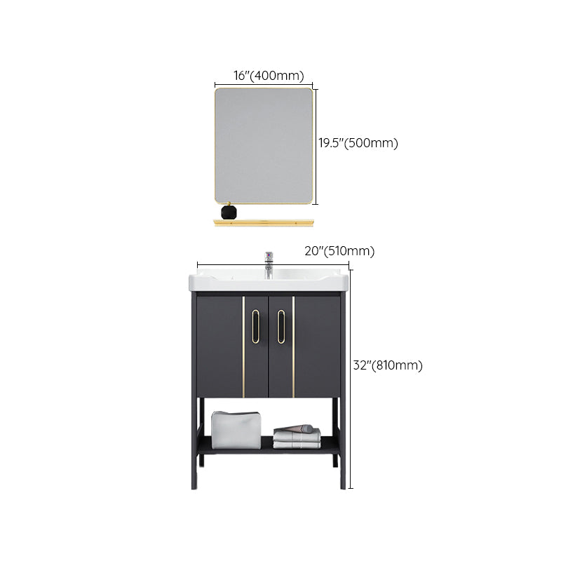 Single Sink Vanity Shelving Included Metal Frame 2 Doors Freestanding Modern Vanity Clearhalo 'Bathroom Remodel & Bathroom Fixtures' 'Bathroom Vanities' 'bathroom_vanities' 'Home Improvement' 'home_improvement' 'home_improvement_bathroom_vanities' 7038141