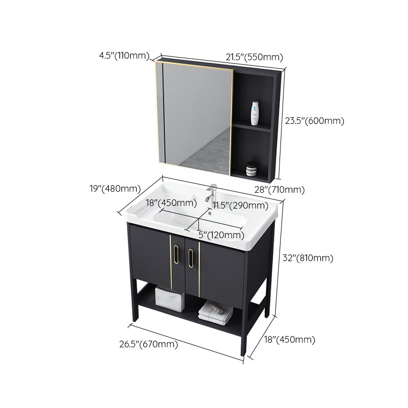 Single Sink Vanity Shelving Included Metal Frame 2 Doors Freestanding Modern Vanity Clearhalo 'Bathroom Remodel & Bathroom Fixtures' 'Bathroom Vanities' 'bathroom_vanities' 'Home Improvement' 'home_improvement' 'home_improvement_bathroom_vanities' 7038151