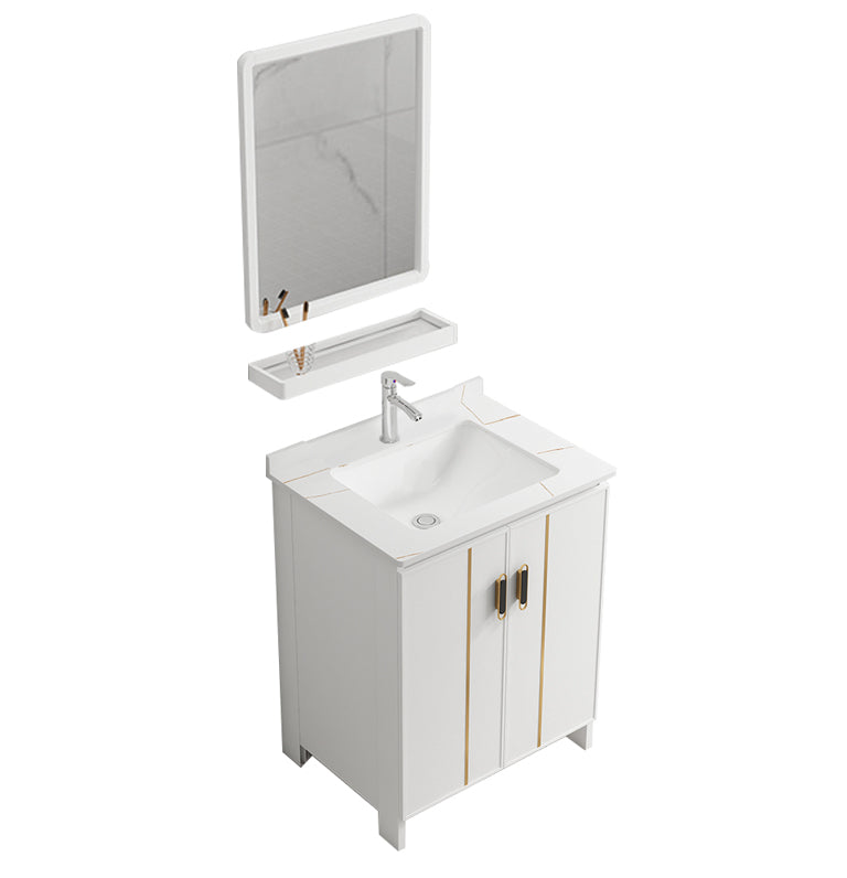 Single Sink Vanity Set White Mirror 2 Doors Freestanding Metal Frame Vanity Vanity & Faucet & Mirrors 24"L x 19"W x 32"H Towel Bar Not Included Clearhalo 'Bathroom Remodel & Bathroom Fixtures' 'Bathroom Vanities' 'bathroom_vanities' 'Home Improvement' 'home_improvement' 'home_improvement_bathroom_vanities' 7038217