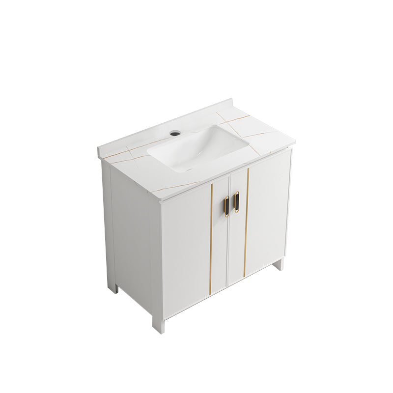 Single Sink Vanity Set White Mirror 2 Doors Freestanding Metal Frame Vanity Bathroom Vanity Towel Bar Not Included Clearhalo 'Bathroom Remodel & Bathroom Fixtures' 'Bathroom Vanities' 'bathroom_vanities' 'Home Improvement' 'home_improvement' 'home_improvement_bathroom_vanities' 7038222