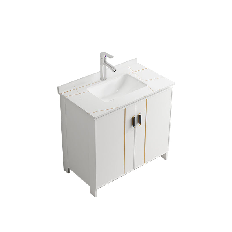 Single Sink Vanity Set White Mirror 2 Doors Freestanding Metal Frame Vanity Vanity & Faucet Towel Bar Not Included Clearhalo 'Bathroom Remodel & Bathroom Fixtures' 'Bathroom Vanities' 'bathroom_vanities' 'Home Improvement' 'home_improvement' 'home_improvement_bathroom_vanities' 7038224