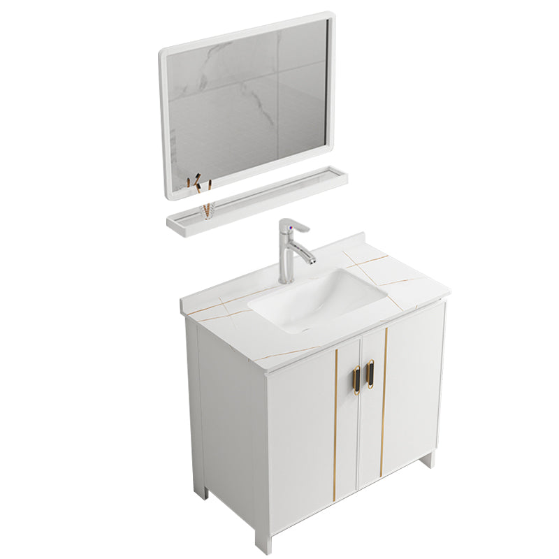 Single Sink Vanity Set White Mirror 2 Doors Freestanding Metal Frame Vanity Vanity & Faucet & Mirrors Towel Bar Not Included Clearhalo 'Bathroom Remodel & Bathroom Fixtures' 'Bathroom Vanities' 'bathroom_vanities' 'Home Improvement' 'home_improvement' 'home_improvement_bathroom_vanities' 7038226