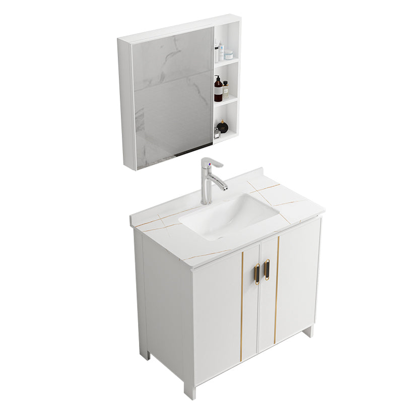 Single Sink Vanity Set White Mirror 2 Doors Freestanding Metal Frame Vanity Vanity & Faucet & Mirror Cabinet Towel Bar Not Included Clearhalo 'Bathroom Remodel & Bathroom Fixtures' 'Bathroom Vanities' 'bathroom_vanities' 'Home Improvement' 'home_improvement' 'home_improvement_bathroom_vanities' 7038227