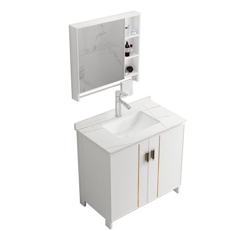 Single Sink Vanity Set White Mirror 2 Doors Freestanding Metal Frame Vanity Vanity & Faucet & Mirror Cabinet 28"L x 19"W x 32"H Towel Bar Included Clearhalo 'Bathroom Remodel & Bathroom Fixtures' 'Bathroom Vanities' 'bathroom_vanities' 'Home Improvement' 'home_improvement' 'home_improvement_bathroom_vanities' 7038228