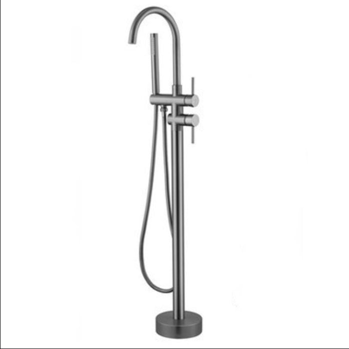 Contemporary Floor Mounted Metal Double Handle High Arc Floor Mount Grey Ground Clearhalo 'Bathroom Remodel & Bathroom Fixtures' 'Bathtub Faucets' 'bathtub_faucets' 'Home Improvement' 'home_improvement' 'home_improvement_bathtub_faucets' 7038505