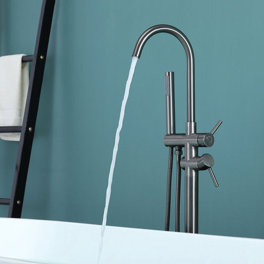 Contemporary Floor Mounted Metal Double Handle High Arc Floor Mount Clearhalo 'Bathroom Remodel & Bathroom Fixtures' 'Bathtub Faucets' 'bathtub_faucets' 'Home Improvement' 'home_improvement' 'home_improvement_bathtub_faucets' 7038507