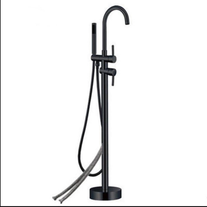 Contemporary Floor Mounted Metal Double Handle High Arc Floor Mount Black Wall Mounted Clearhalo 'Bathroom Remodel & Bathroom Fixtures' 'Bathtub Faucets' 'bathtub_faucets' 'Home Improvement' 'home_improvement' 'home_improvement_bathtub_faucets' 7038512