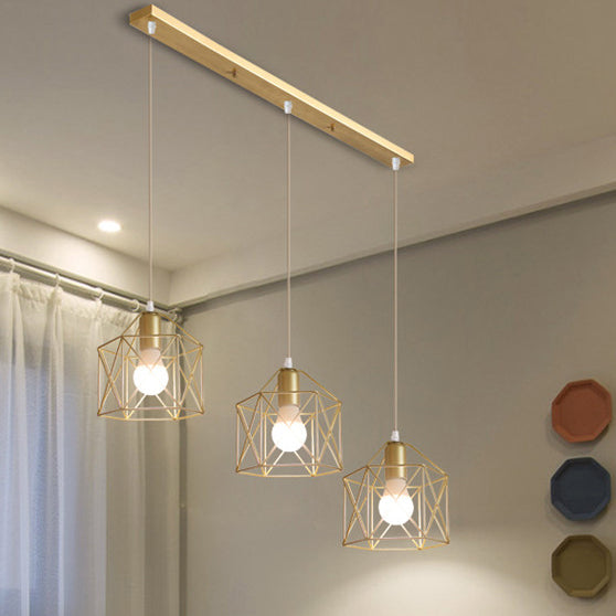 Polished Gold Squared/Hexagon/Star Ceiling Fixture Retro Stylish Metallic 3 Bulbs Dining Room Hanging Light with Wire Frame Clearhalo 'Ceiling Lights' 'Modern Pendants' 'Modern' 'Pendant Lights' 'Pendants' Lighting' 70411