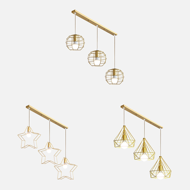 Golden Globe/Diamond/Star Shade Hanging Ceiling Light with Wire Frame Industrial Iron 3 Heads Indoor Hanging Light Clearhalo 'Ceiling Lights' 'Modern Pendants' 'Modern' 'Pendant Lights' 'Pendants' Lighting' 70491