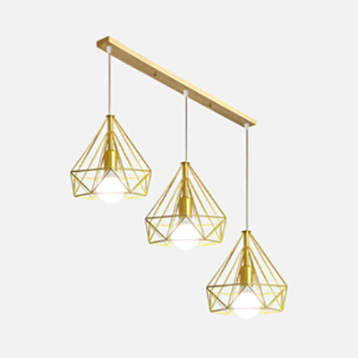 Golden Globe/Diamond/Star Shade Hanging Ceiling Light with Wire Frame Industrial Iron 3 Heads Indoor Hanging Light Gold Diamond Clearhalo 'Ceiling Lights' 'Modern Pendants' 'Modern' 'Pendant Lights' 'Pendants' Lighting' 70493