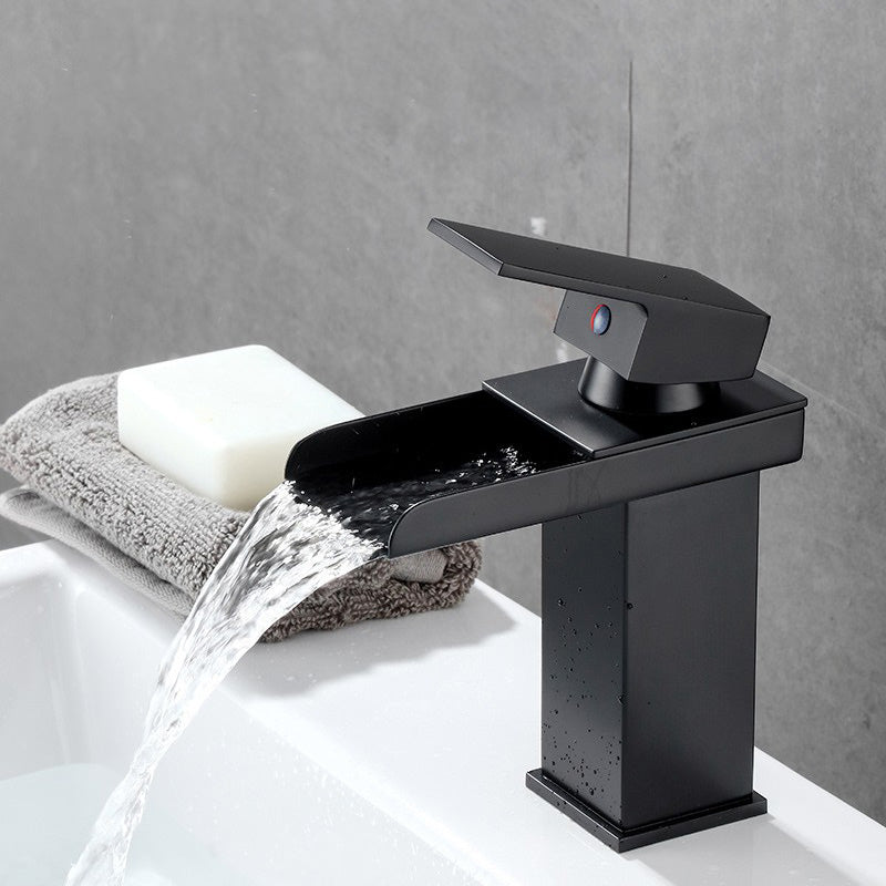 Vanity Sink Faucet Waterfall Spout Single Handle Faucet with LED Light Black 7" Led Lights Not Included Clearhalo 'Bathroom Remodel & Bathroom Fixtures' 'Bathroom Sink Faucets' 'Bathroom Sinks & Faucet Components' 'bathroom_sink_faucets' 'Home Improvement' 'home_improvement' 'home_improvement_bathroom_sink_faucets' 7050611