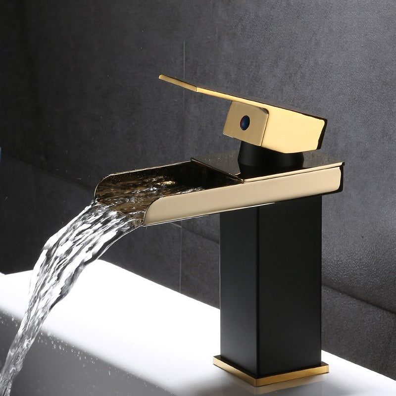 Vanity Sink Faucet Waterfall Spout Single Handle Faucet with LED Light Black-Gold 7" Led Lights Not Included Clearhalo 'Bathroom Remodel & Bathroom Fixtures' 'Bathroom Sink Faucets' 'Bathroom Sinks & Faucet Components' 'bathroom_sink_faucets' 'Home Improvement' 'home_improvement' 'home_improvement_bathroom_sink_faucets' 7050620