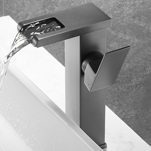 Vanity Sink Faucet Waterfall Spout Single Handle Faucet with LED Light Grey 9.4" Led Lights Included Clearhalo 'Bathroom Remodel & Bathroom Fixtures' 'Bathroom Sink Faucets' 'Bathroom Sinks & Faucet Components' 'bathroom_sink_faucets' 'Home Improvement' 'home_improvement' 'home_improvement_bathroom_sink_faucets' 7050624