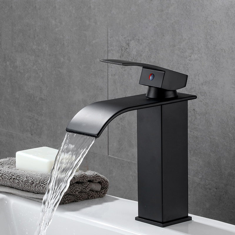 Vanity Sink Faucet Waterfall Spout Single Handle Faucet with LED Light Black 6.9" Led Lights Not Included Clearhalo 'Bathroom Remodel & Bathroom Fixtures' 'Bathroom Sink Faucets' 'Bathroom Sinks & Faucet Components' 'bathroom_sink_faucets' 'Home Improvement' 'home_improvement' 'home_improvement_bathroom_sink_faucets' 7050626