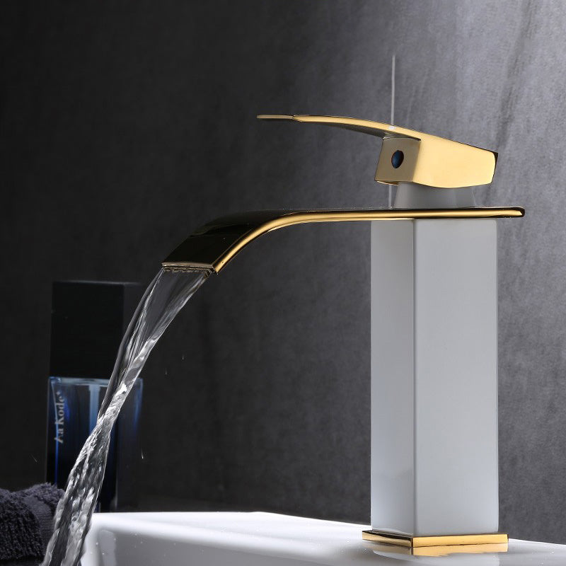 Vanity Sink Faucet Waterfall Spout Single Handle Faucet with LED Light White-Gold 6.9" Led Lights Not Included Clearhalo 'Bathroom Remodel & Bathroom Fixtures' 'Bathroom Sink Faucets' 'Bathroom Sinks & Faucet Components' 'bathroom_sink_faucets' 'Home Improvement' 'home_improvement' 'home_improvement_bathroom_sink_faucets' 7050628