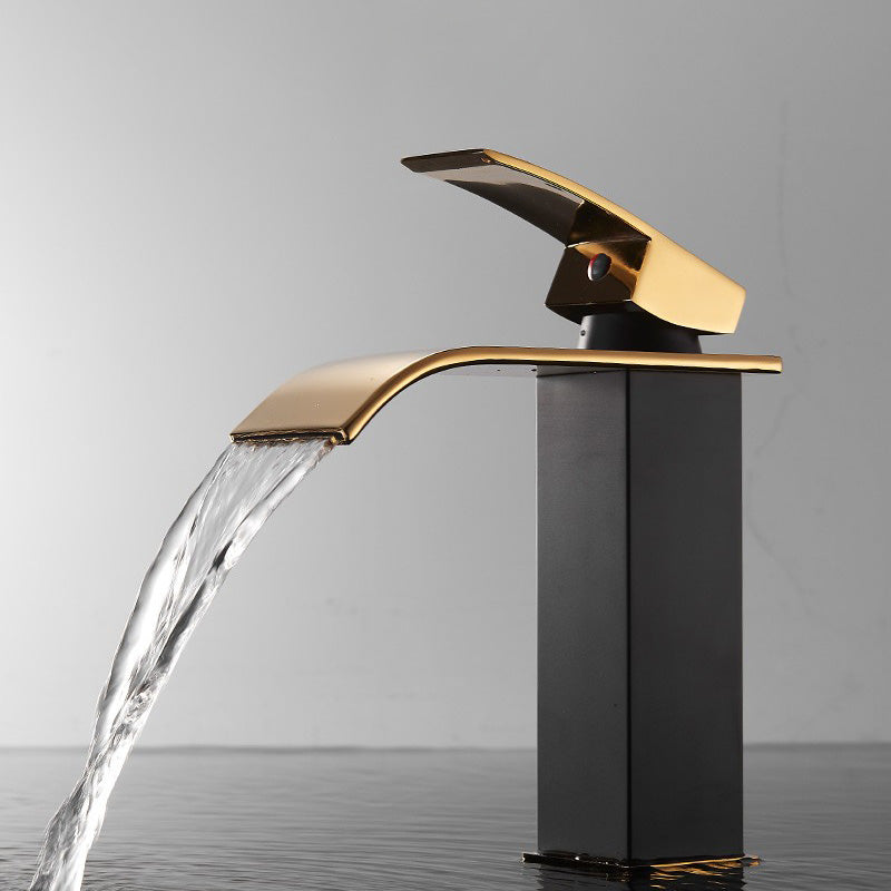 Vanity Sink Faucet Waterfall Spout Single Handle Faucet with LED Light Black-Gold 6.9" Led Lights Not Included Clearhalo 'Bathroom Remodel & Bathroom Fixtures' 'Bathroom Sink Faucets' 'Bathroom Sinks & Faucet Components' 'bathroom_sink_faucets' 'Home Improvement' 'home_improvement' 'home_improvement_bathroom_sink_faucets' 7050629