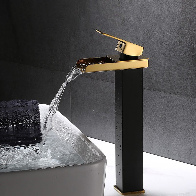Vanity Sink Faucet Waterfall Spout Single Handle Faucet with LED Light Black-Gold 10.6" Led Lights Not Included Clearhalo 'Bathroom Remodel & Bathroom Fixtures' 'Bathroom Sink Faucets' 'Bathroom Sinks & Faucet Components' 'bathroom_sink_faucets' 'Home Improvement' 'home_improvement' 'home_improvement_bathroom_sink_faucets' 7050635