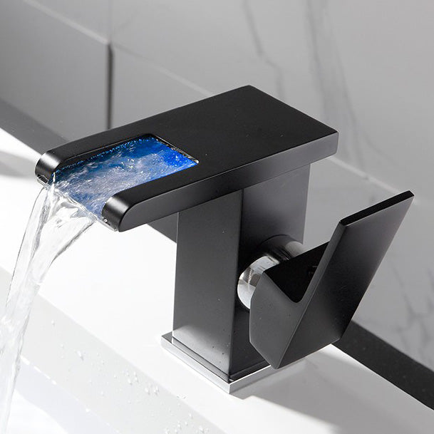 Vanity Sink Faucet Waterfall Spout Single Handle Faucet with LED Light Black 4.9" Led Lights Included Clearhalo 'Bathroom Remodel & Bathroom Fixtures' 'Bathroom Sink Faucets' 'Bathroom Sinks & Faucet Components' 'bathroom_sink_faucets' 'Home Improvement' 'home_improvement' 'home_improvement_bathroom_sink_faucets' 7050637