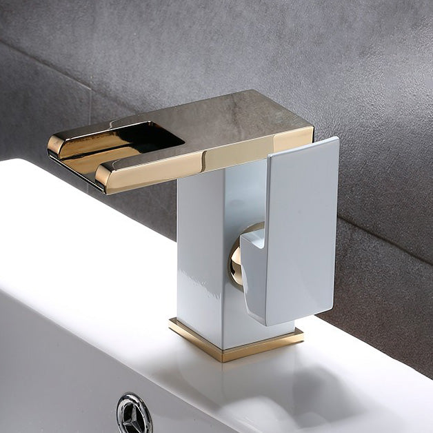 Vanity Sink Faucet Waterfall Spout Single Handle Faucet with LED Light White-Gold 4.9" Led Lights Included Clearhalo 'Bathroom Remodel & Bathroom Fixtures' 'Bathroom Sink Faucets' 'Bathroom Sinks & Faucet Components' 'bathroom_sink_faucets' 'Home Improvement' 'home_improvement' 'home_improvement_bathroom_sink_faucets' 7050639